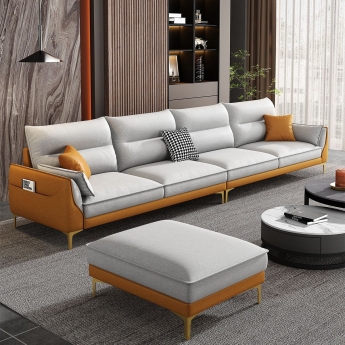 【哥斯图】轻奢风格 时尚客厅休闲家用科技布组合沙发脚踏不分左右（金橙+米白-海绵）