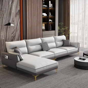【哥斯图】轻奢风格   布艺免洗科技布客厅家用意式组合撞色转角组合沙发（灰+米白-海绵）